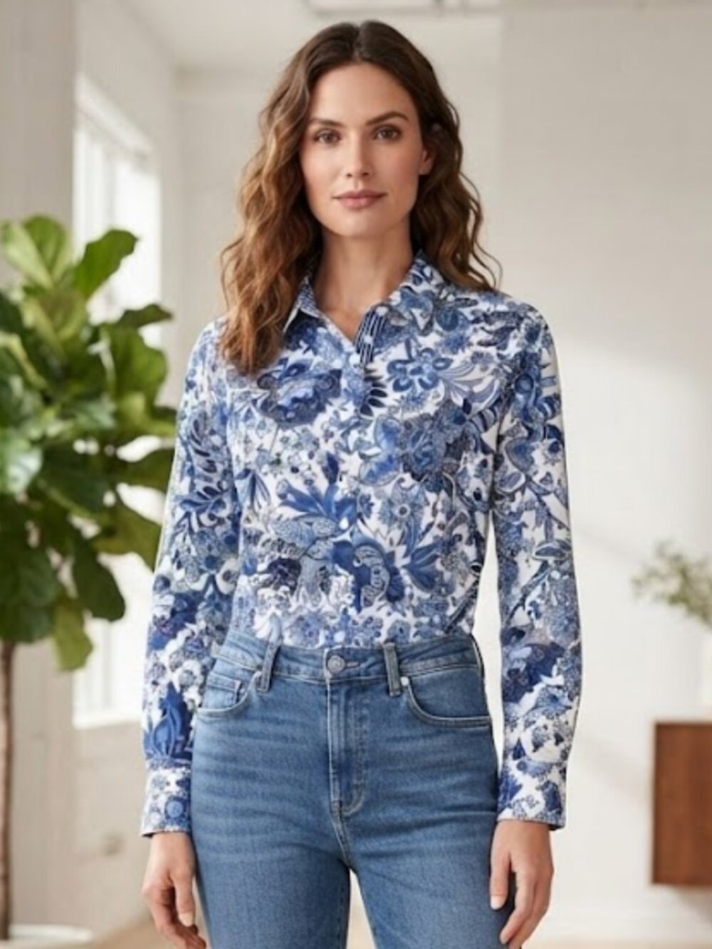 Talbots Sz 14 Petite Non-Iron Blue Paisley Long Sleeve Shirt Blouse Coastal Chic